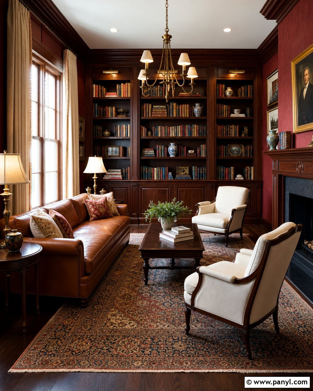 Burgundy Library With Mahogany Trim - 20 Dark Walls Unpainted Woodwork Ideas