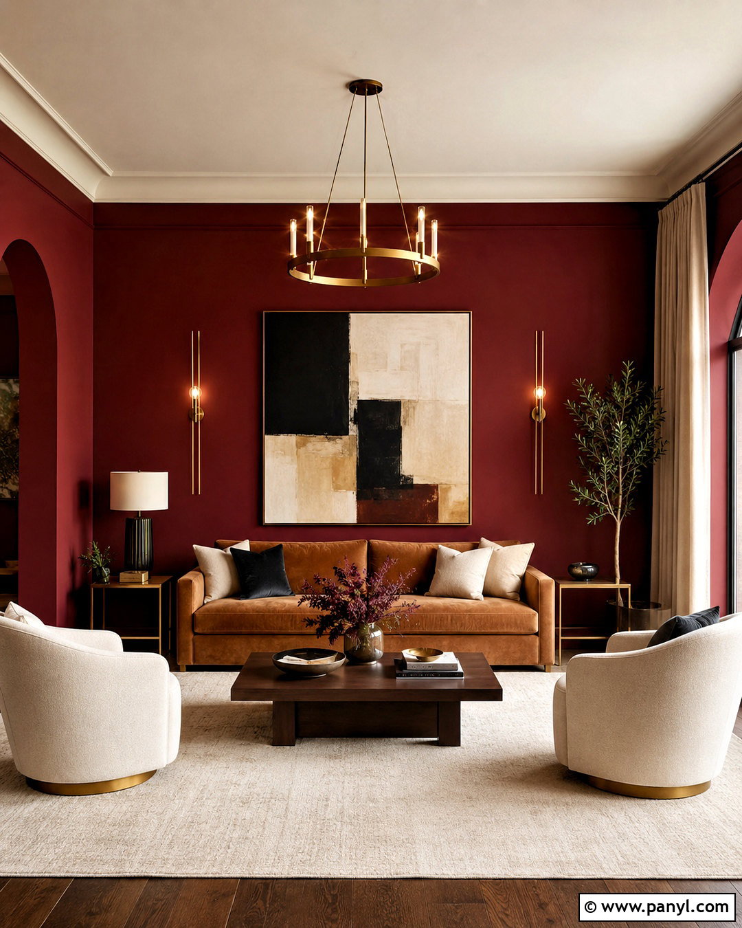 Burgundy Living Room With Brass Accents - 20 living room red walls