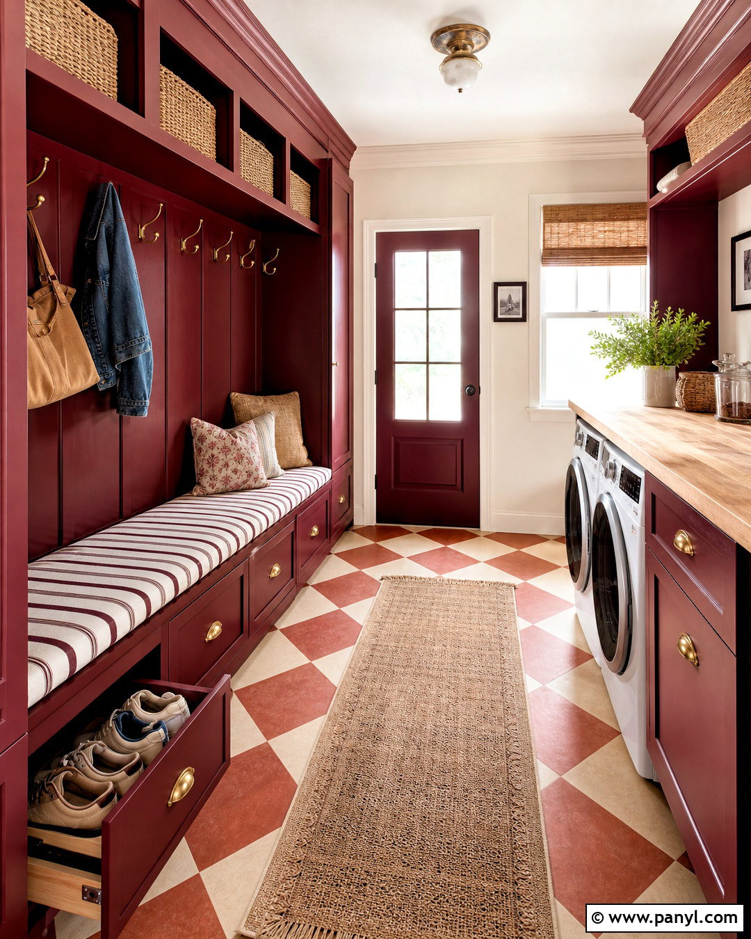 Burgundy Mudroom With Checkerboard Floor - 20 burgundy interior design ideas
