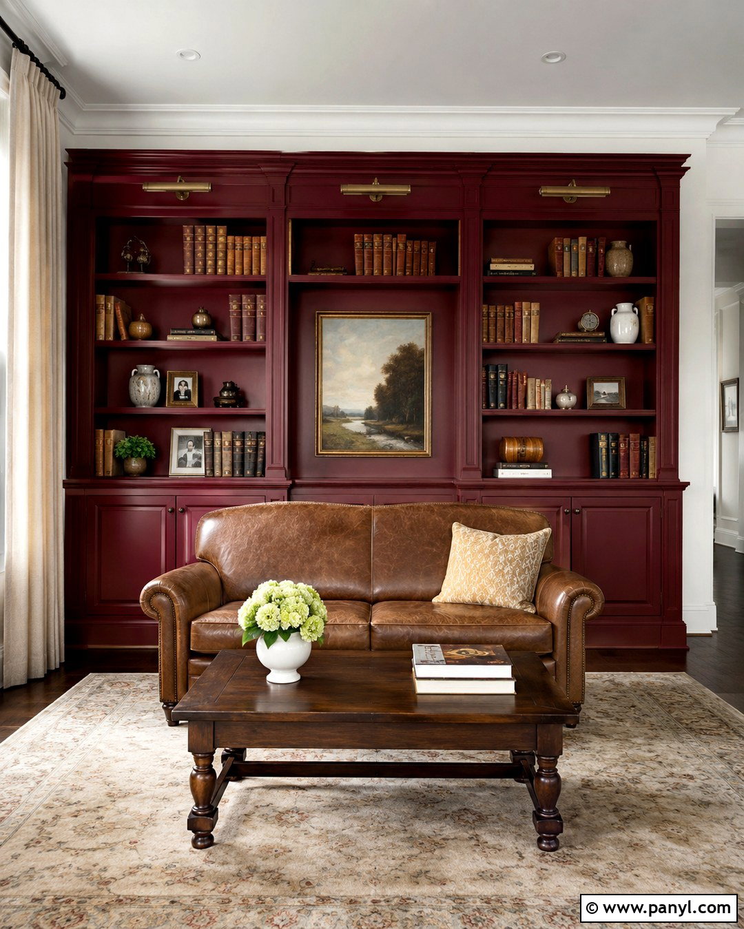 Burgundy Painted Library Built Ins - 20 White Walls Painted Built Ins