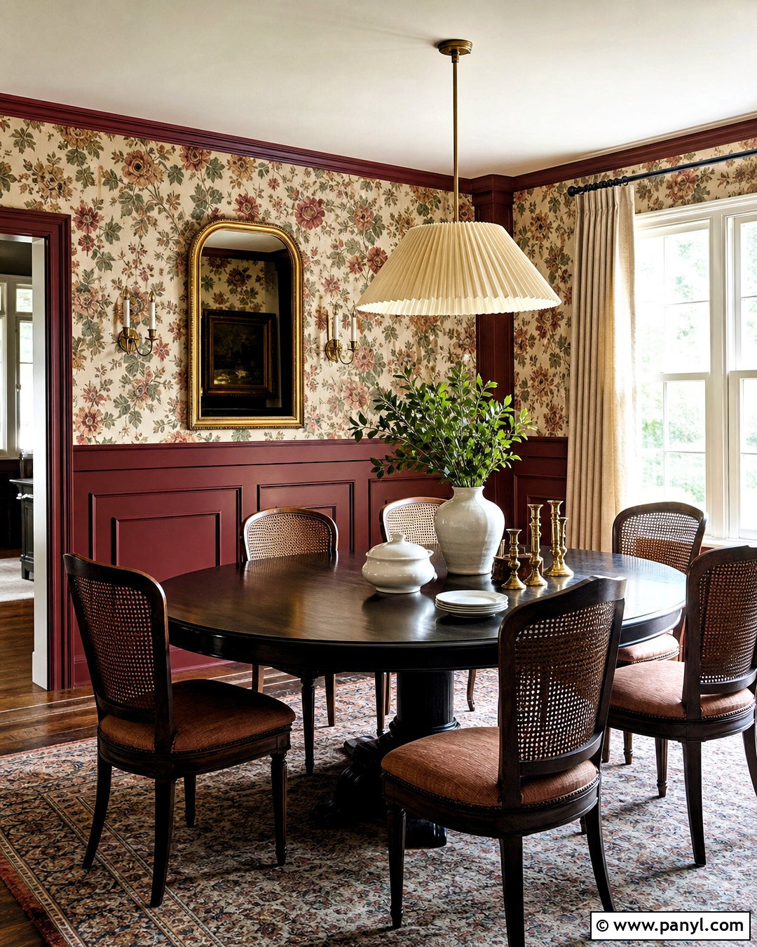 Burgundy Paneling With Vintage Floral Wallpaper - 20 half wallpaper half paneling ideas