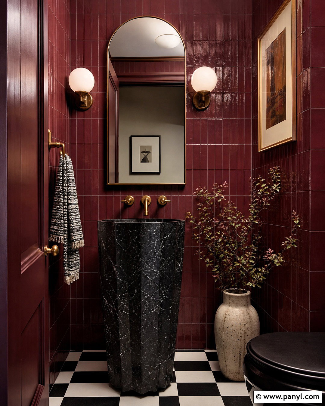 Burgundy Powder Room With Brass Fixtures - 20 burgundy interior design ideas