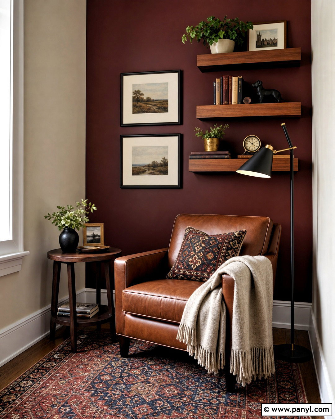 Burgundy Reading Nook Feature Wall - 20 dark feature wall ideas