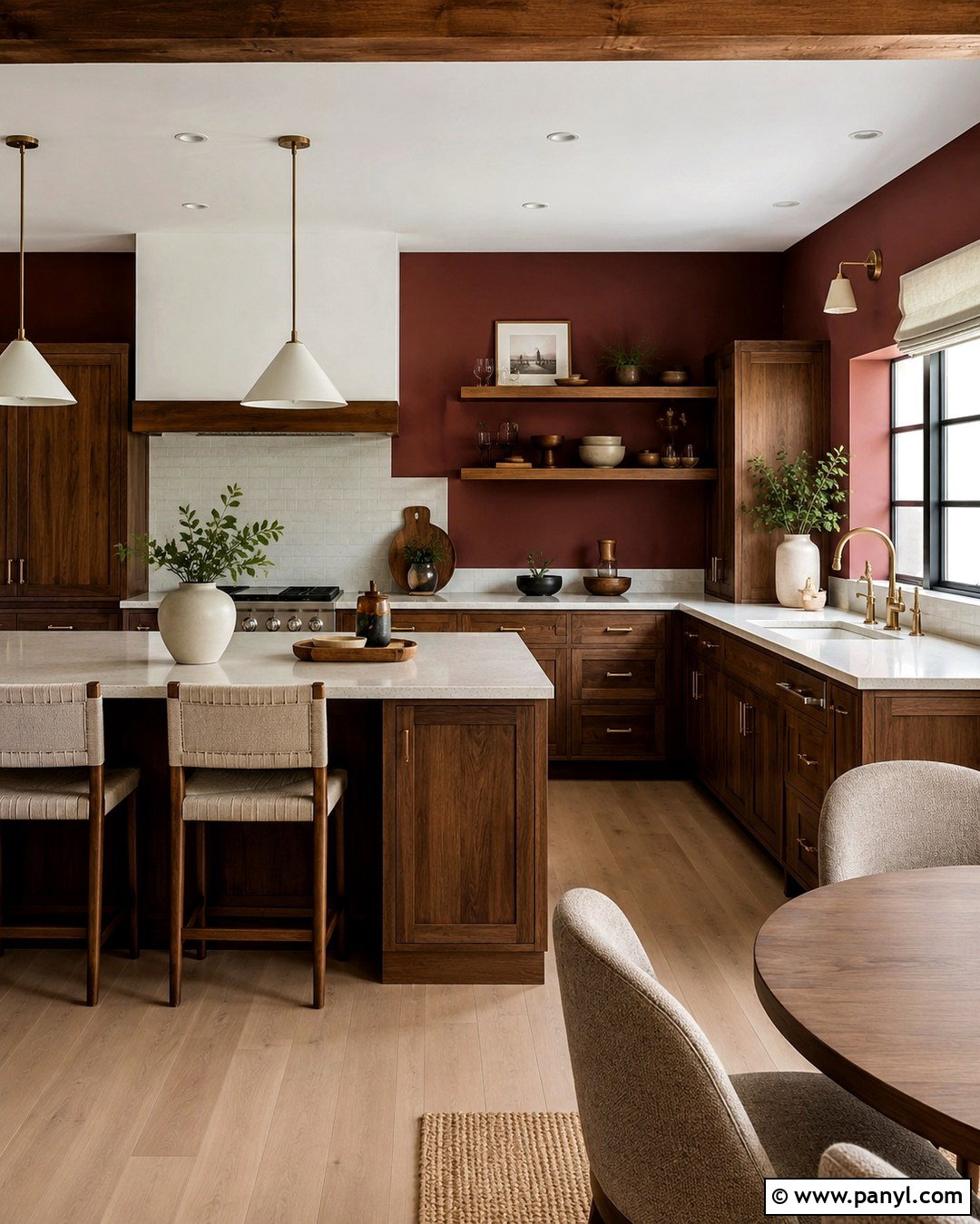 Burgundy Red Accent Wall Kitchen With Wood Cabinets - 20 Red Accent Wall Kitchen Ideas