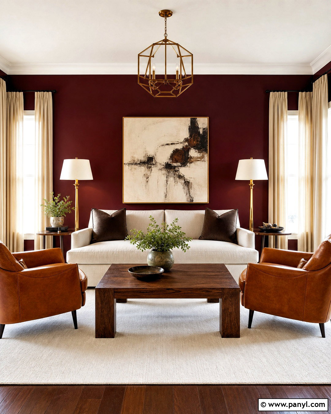 Burgundy Red Accent Wall With Cream Sofa - 20 red accent wall living room ideas