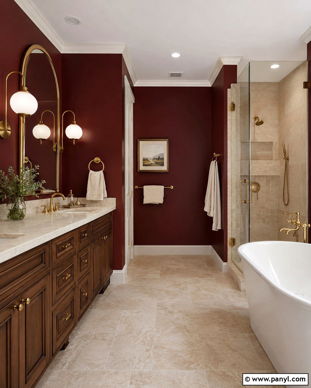 Burgundy Red Wall Bathroom With Brass Hardware - 20 Red Wall Bathroom Ideas