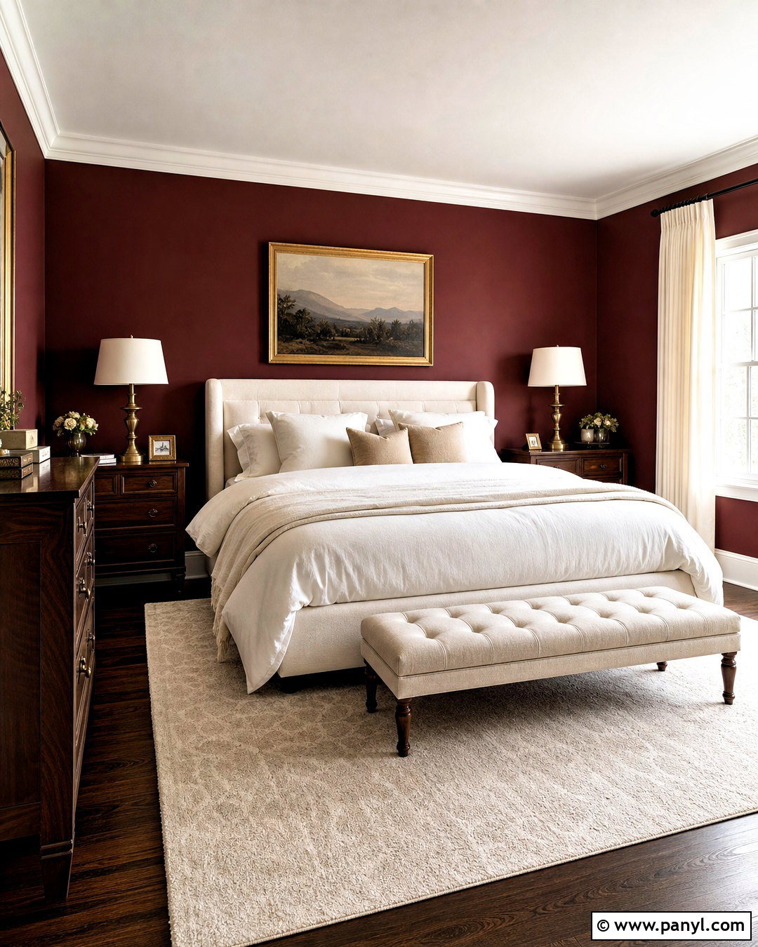 Burgundy Red Wall Bedroom With Cream Bedding - 20 red wall bedroom ideas