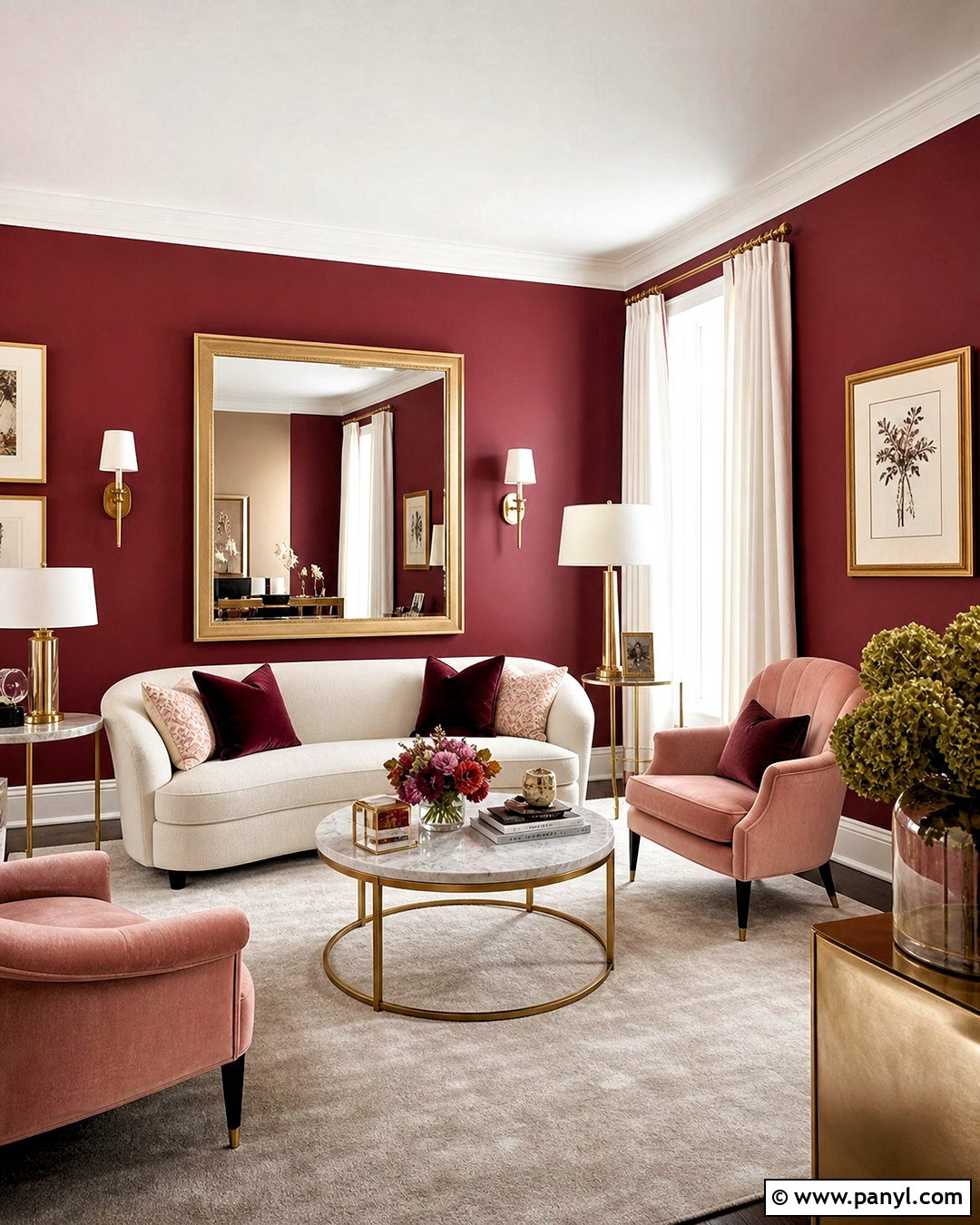Burgundy Red Wall With Gold Accents - 20 red wall living room ideas