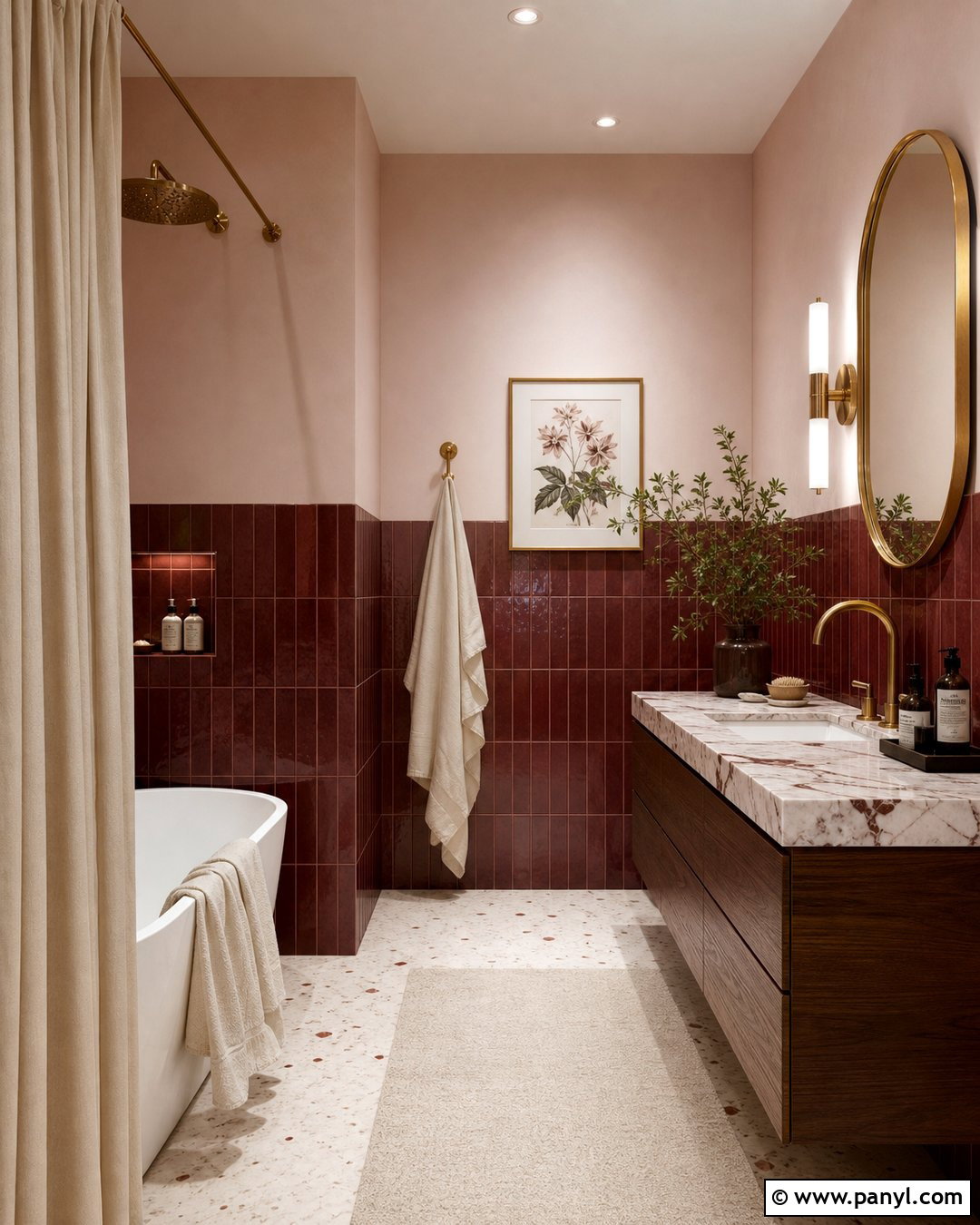 Burgundy Tile And Blush Bathroom Walls - 30 Two Toned Bathroom Walls