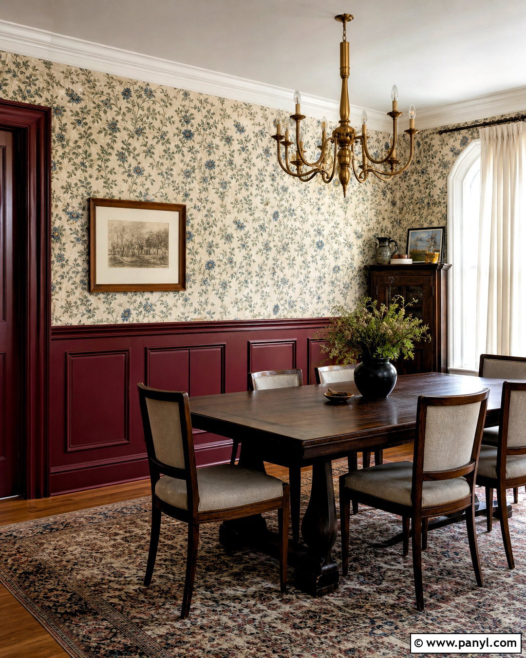 Burgundy Wainscoting With Small Floral Wallpaper - 20 wainscoting with wallpaper ideas