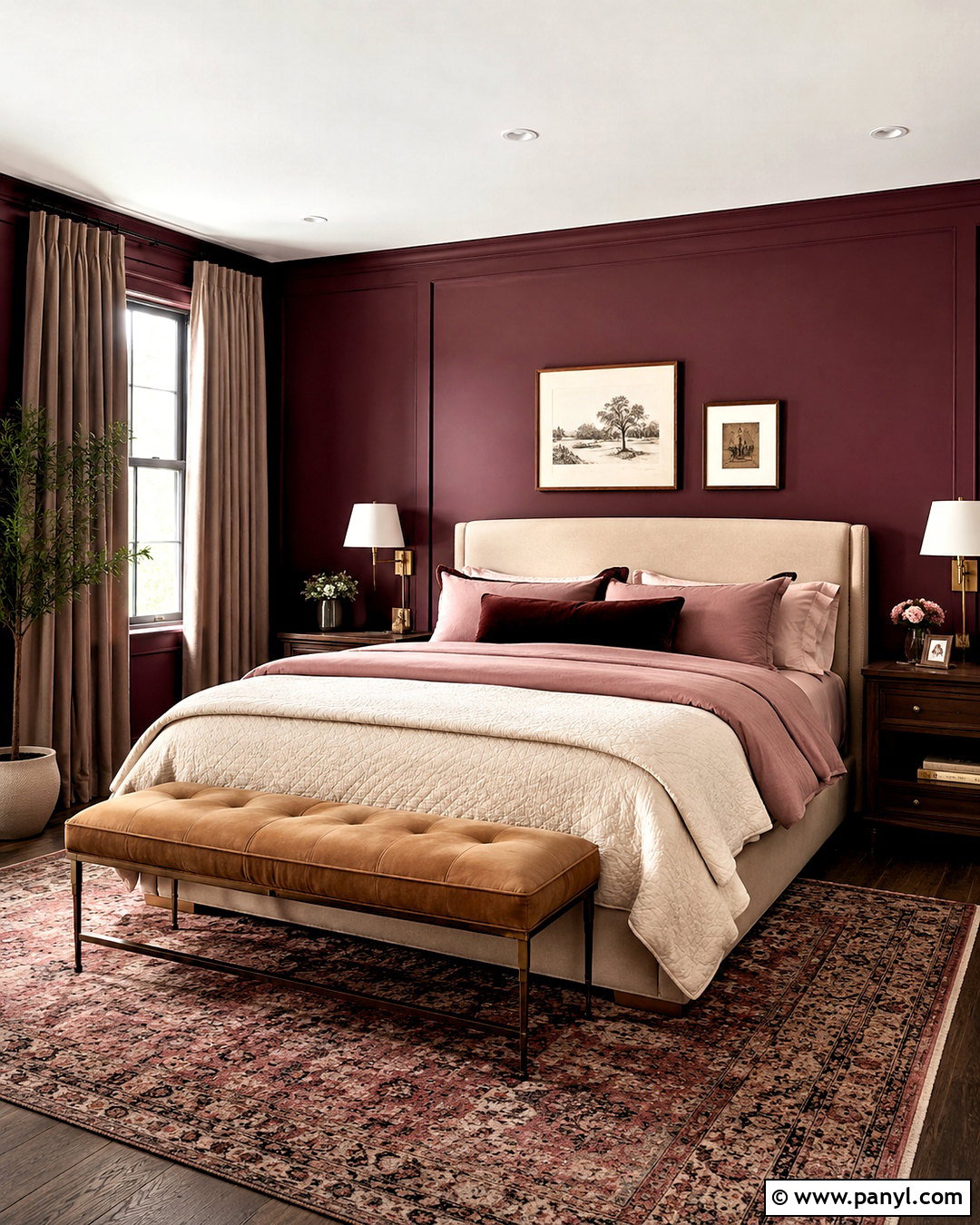 Burgundy Wall Bedroom With Blush Bedding - 20 dark wall bedroom ideas