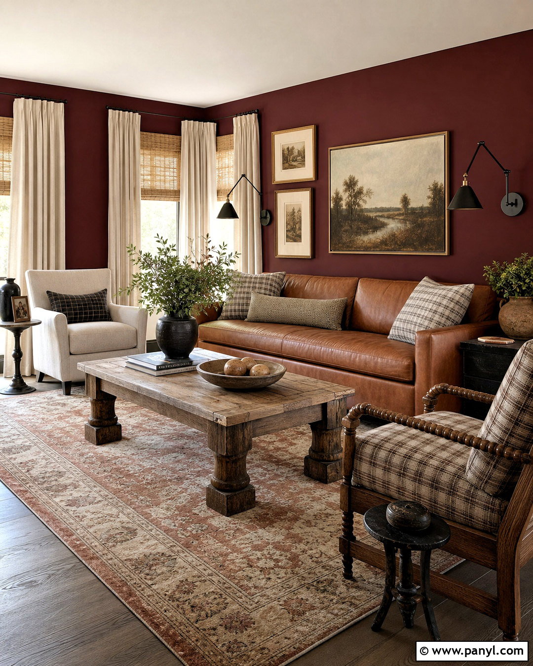 Burgundy Walls With Brown Leather Sofa - 20 burgundy walls living room ideas
