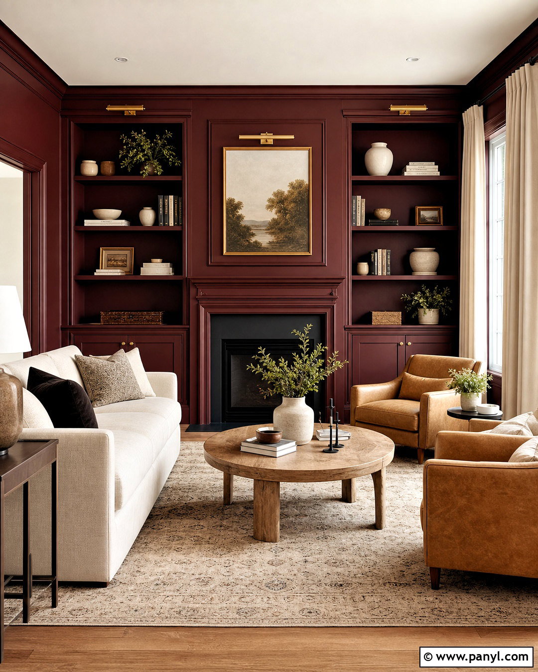 Burgundy Walls With Built-In Shelves - 20 burgundy walls living room ideas