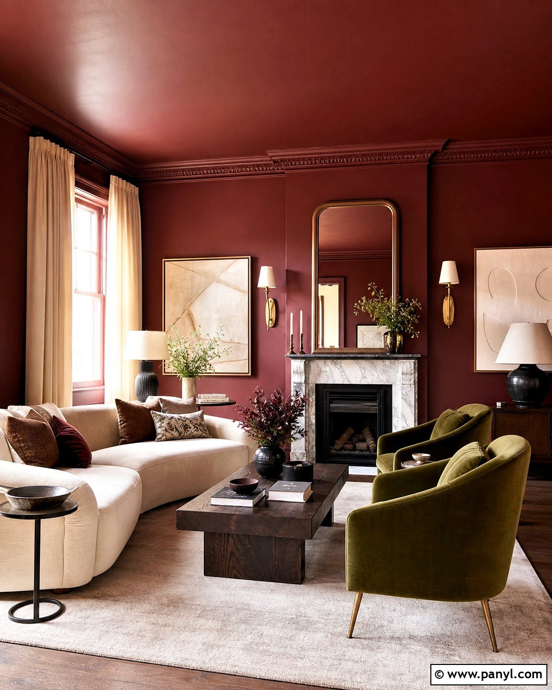 Burgundy Walls With Color Drenched Ceiling - 20 burgundy walls living room ideas