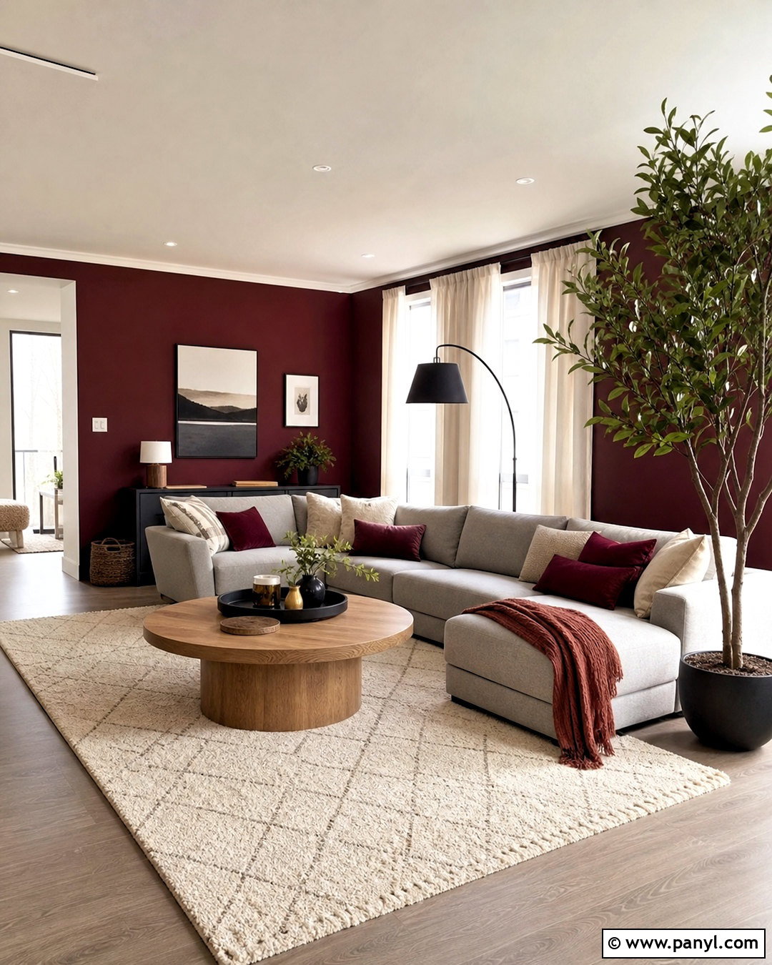 Burgundy Walls With Gray Sectional - 20 burgundy walls living room ideas