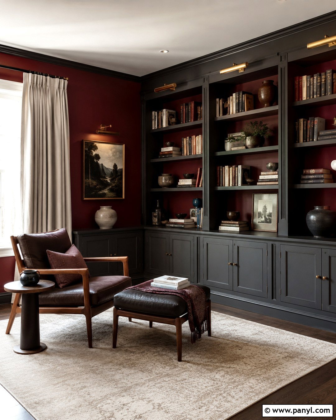 Burgundy Walls With Grey Built-In Shelves - 20 burgundy and grey walls