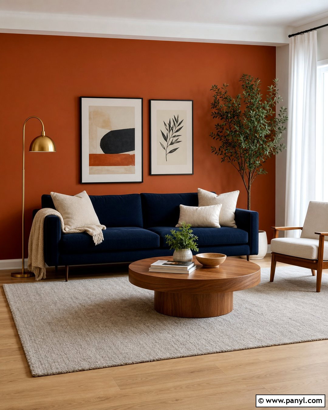 Burnt Orange Accent Wall With Navy Sofa - 35 Burnt Orange Accent Wall Ideas