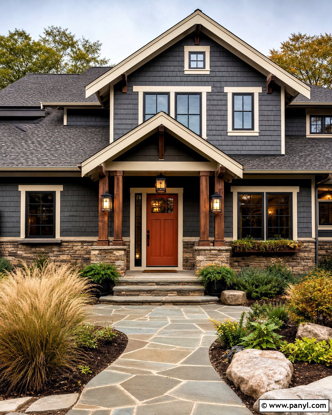 Burnt Orange Front Door With Gray House - 20 grey house door color ideas