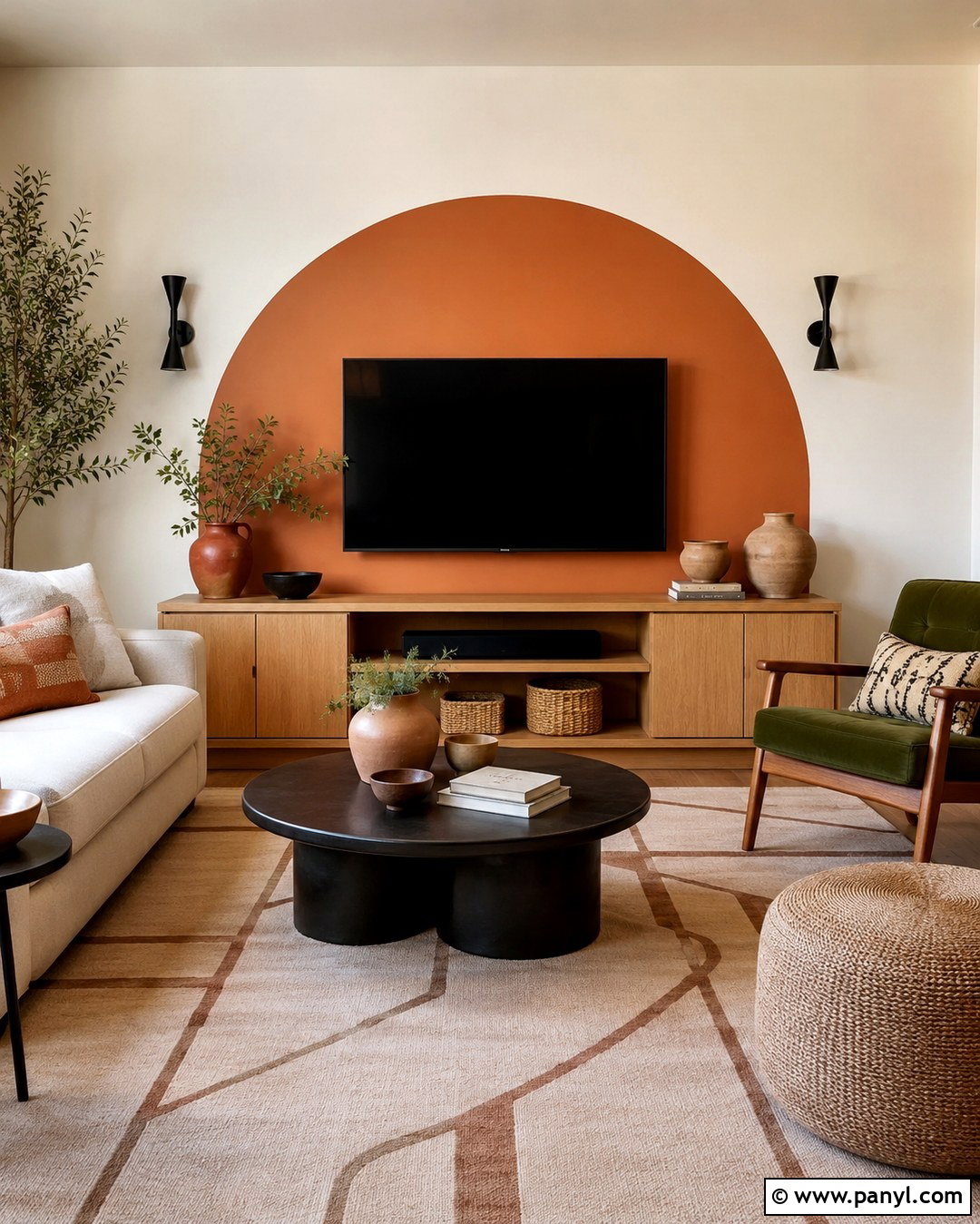Burnt Orange Half Circle TV Wall - 20 Color Block Wall Behind Tv Ideas