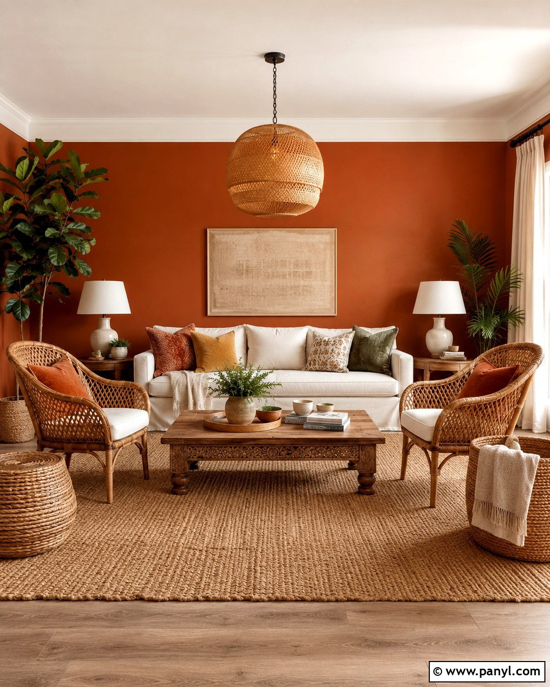 Burnt Sienna Boho Room With Rattan - 20 burnt sienna wall paint ideas