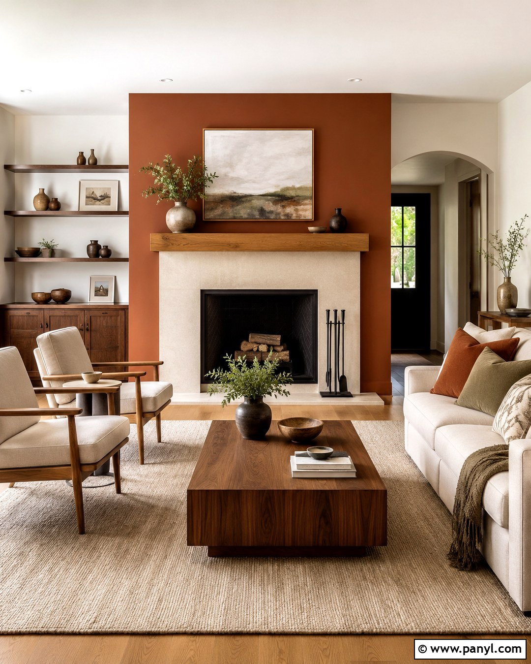 Burnt Sienna Fireplace Wall With Beige Seating - 20 burnt sienna walls