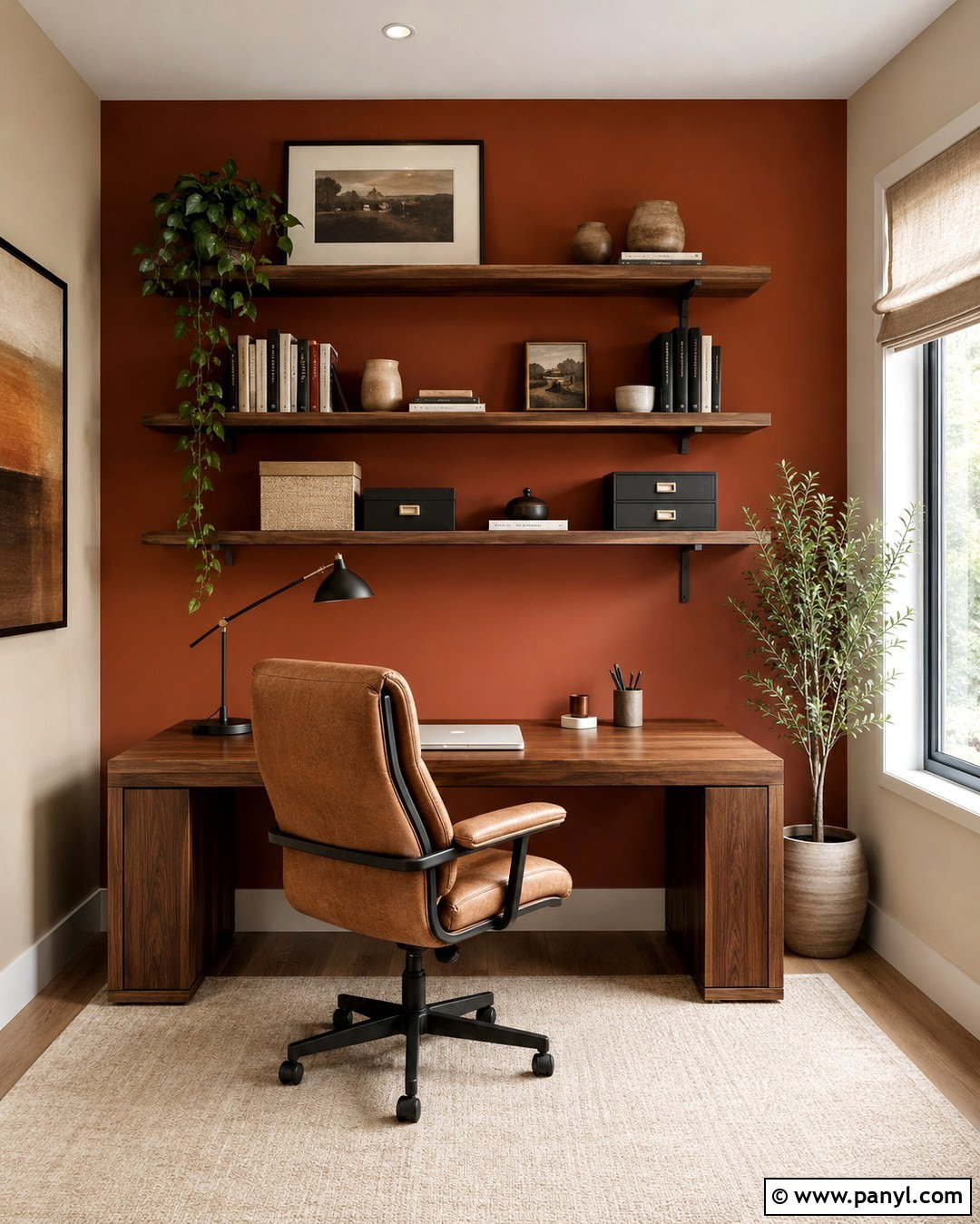 Burnt Sienna Home Office With Walnut Shelves - 20 burnt sienna wall paint ideas