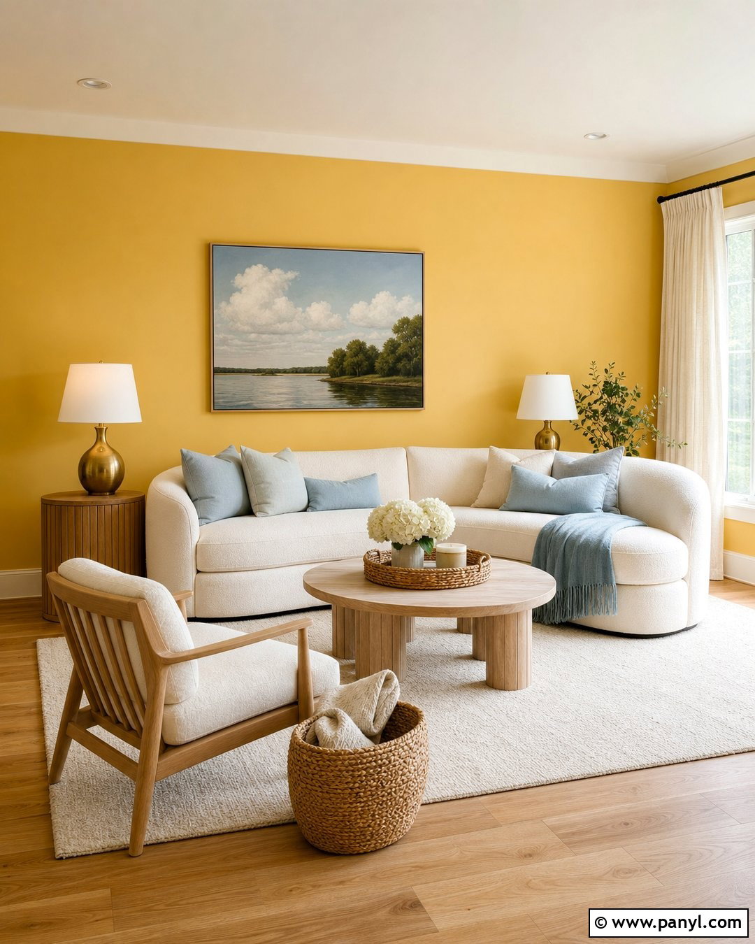 Butter Yellow Accent Wall With Cream Furniture - 25 Yellow Accent Wall Living Room Ideas