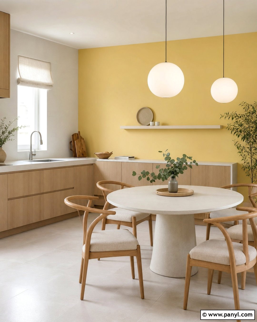Butter Yellow Accent Wall With White Oak Cabinets - 20 Modern Kitchen With Yellow Accent Wall Ideas