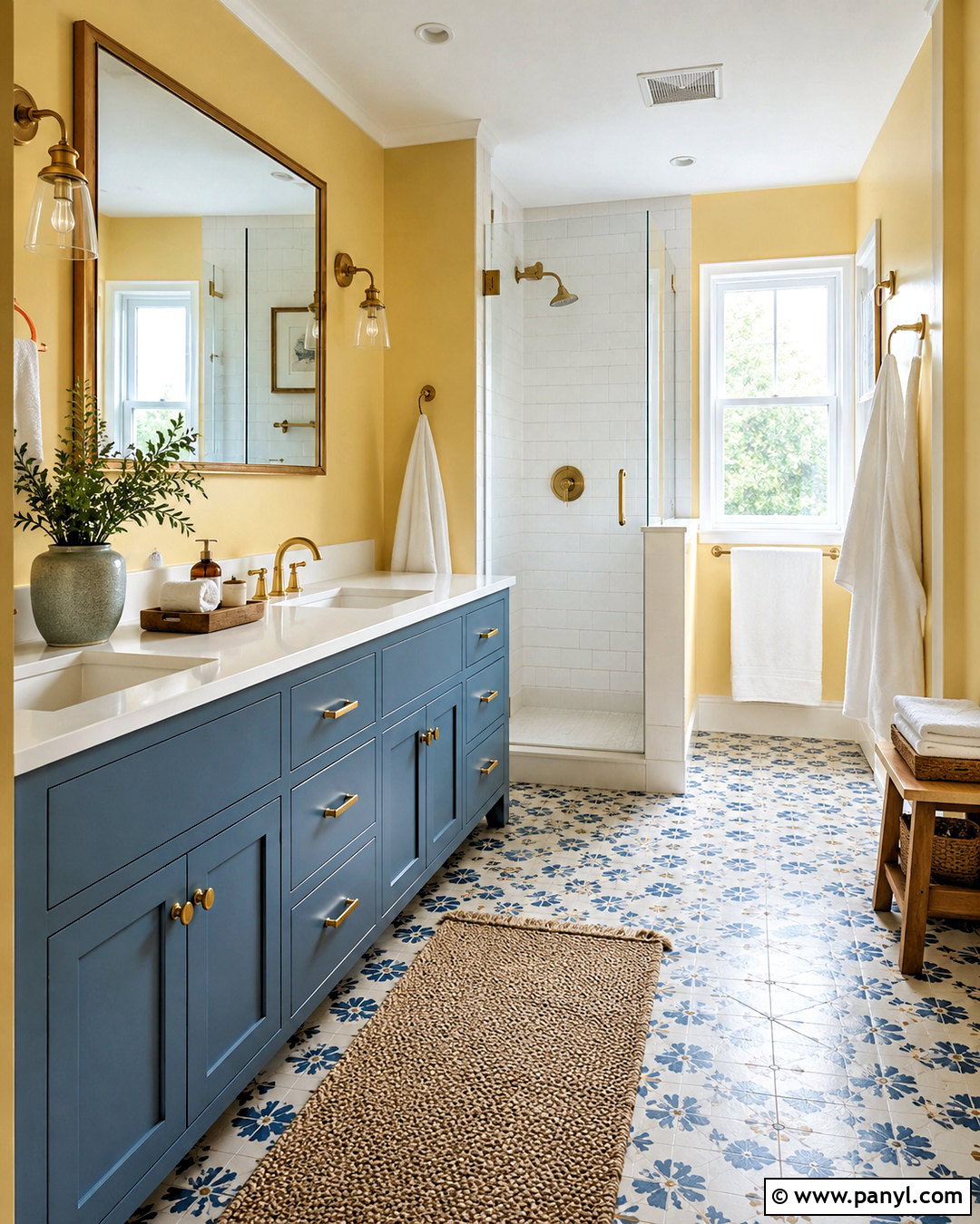 Butter Yellow Bathroom Walls With Blue Vanity - 40 butter yellow walls
