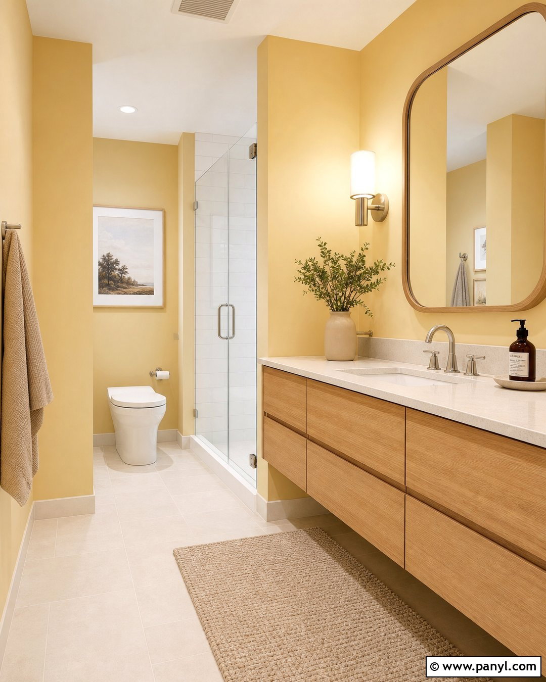 Butter Yellow Bathroom Walls With Oak Vanity - 30 Yellow Bathroom Walls