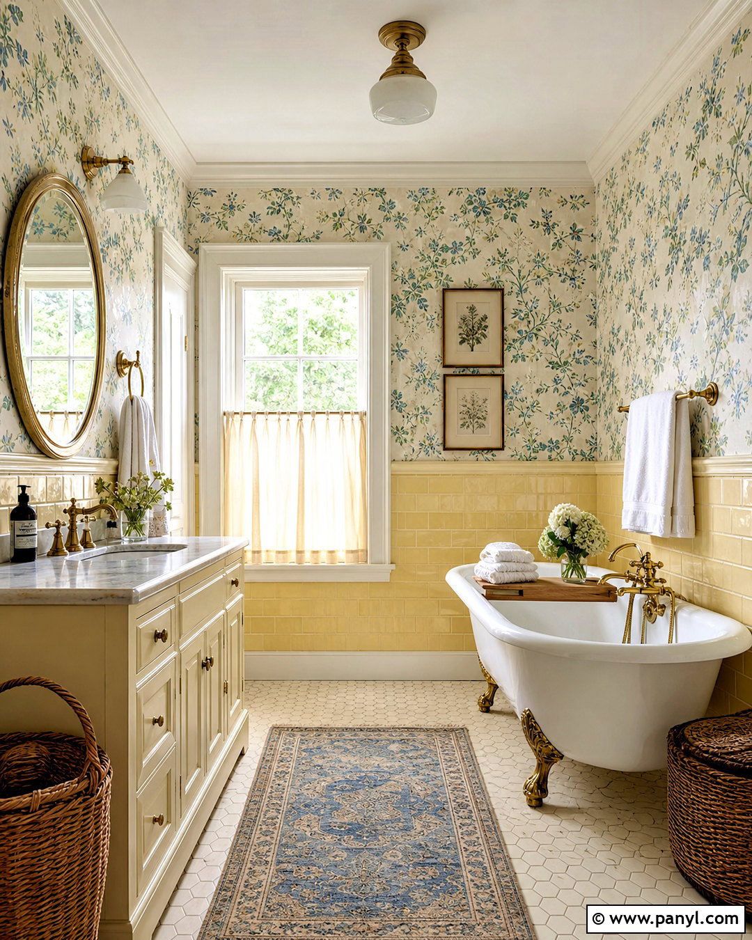 Butter Yellow Bathroom With Floral Wallpaper - 20 vintage yellow bathroom ideas
