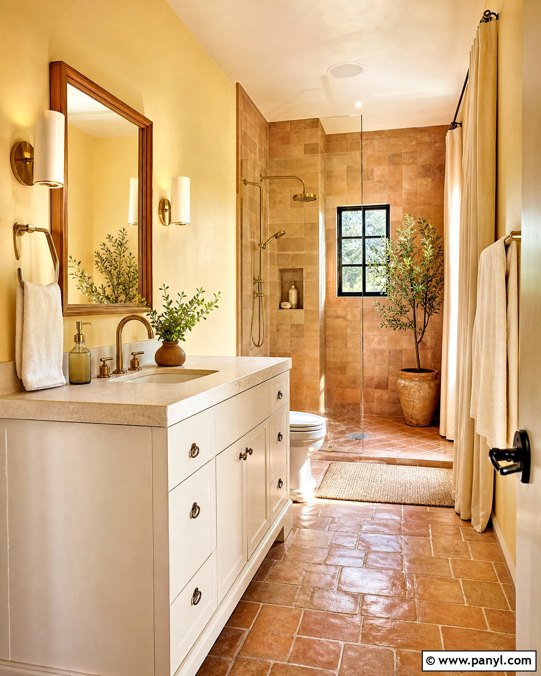 Butter Yellow Bathroom With Terracotta Tile - 20 butter yellow interior ideas