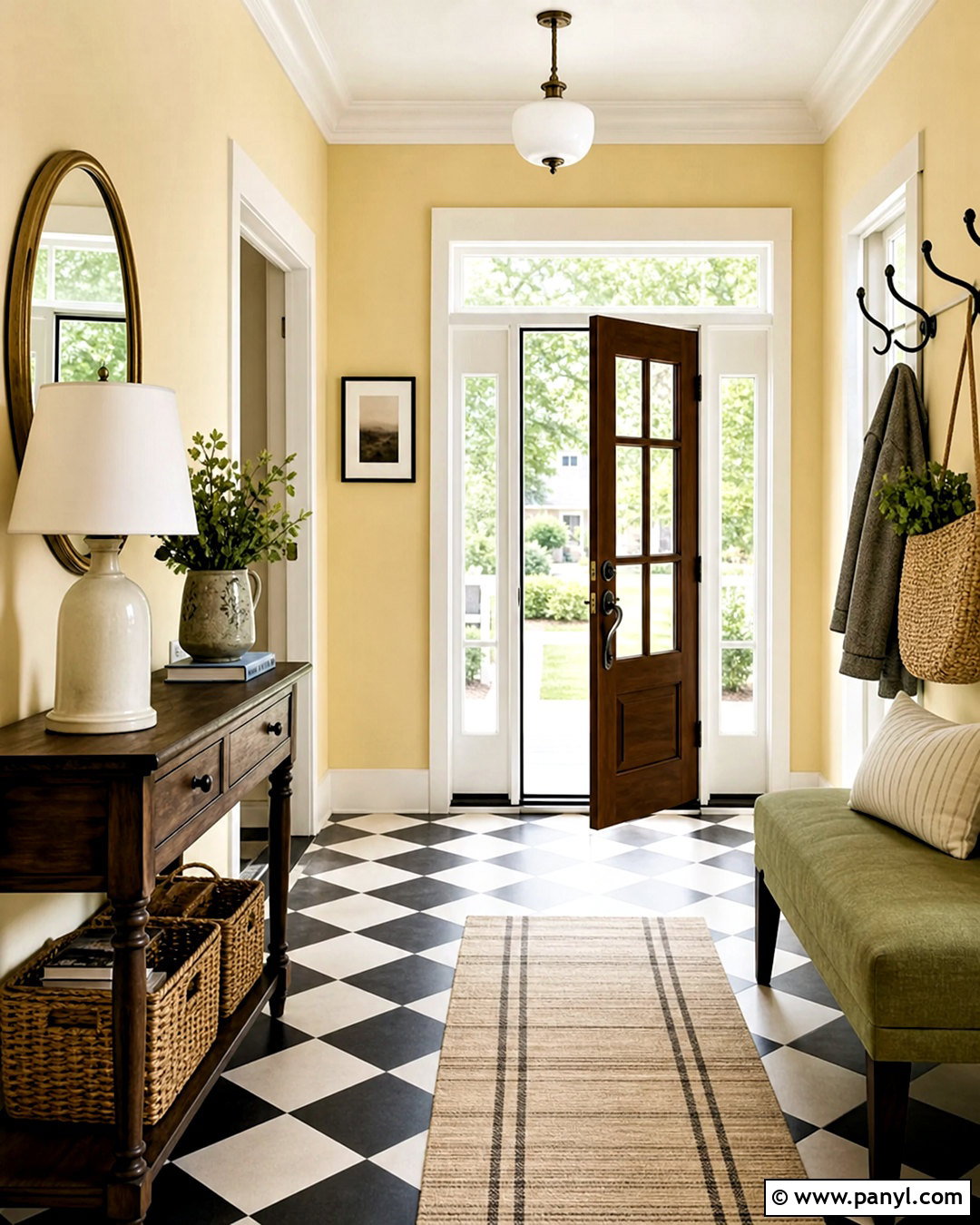 Butter Yellow Entryway With Checkerboard Flooring - 20 butter yellow interior ideas