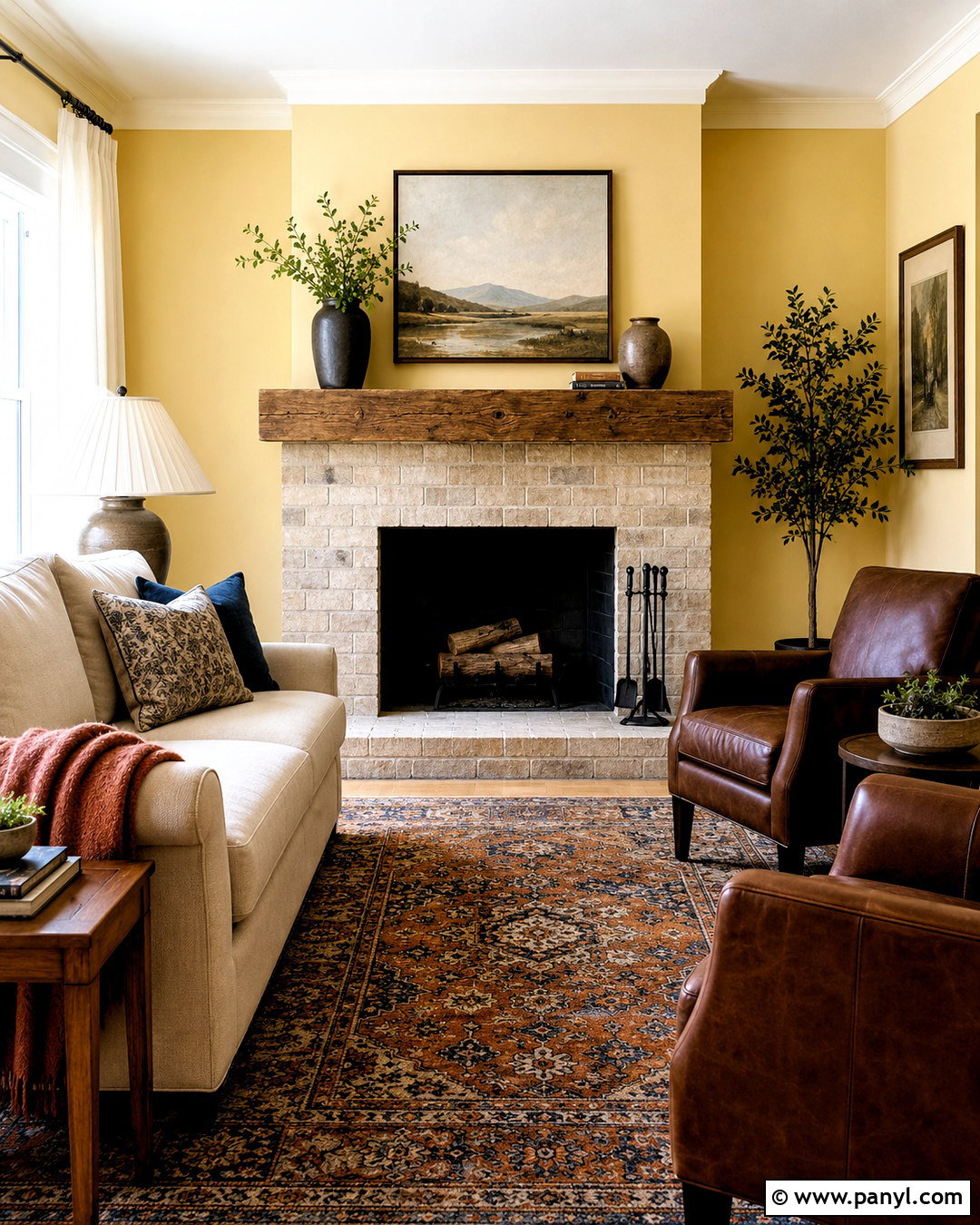 Butter Yellow Fireplace Walls With Brick Surround - 40 butter yellow walls