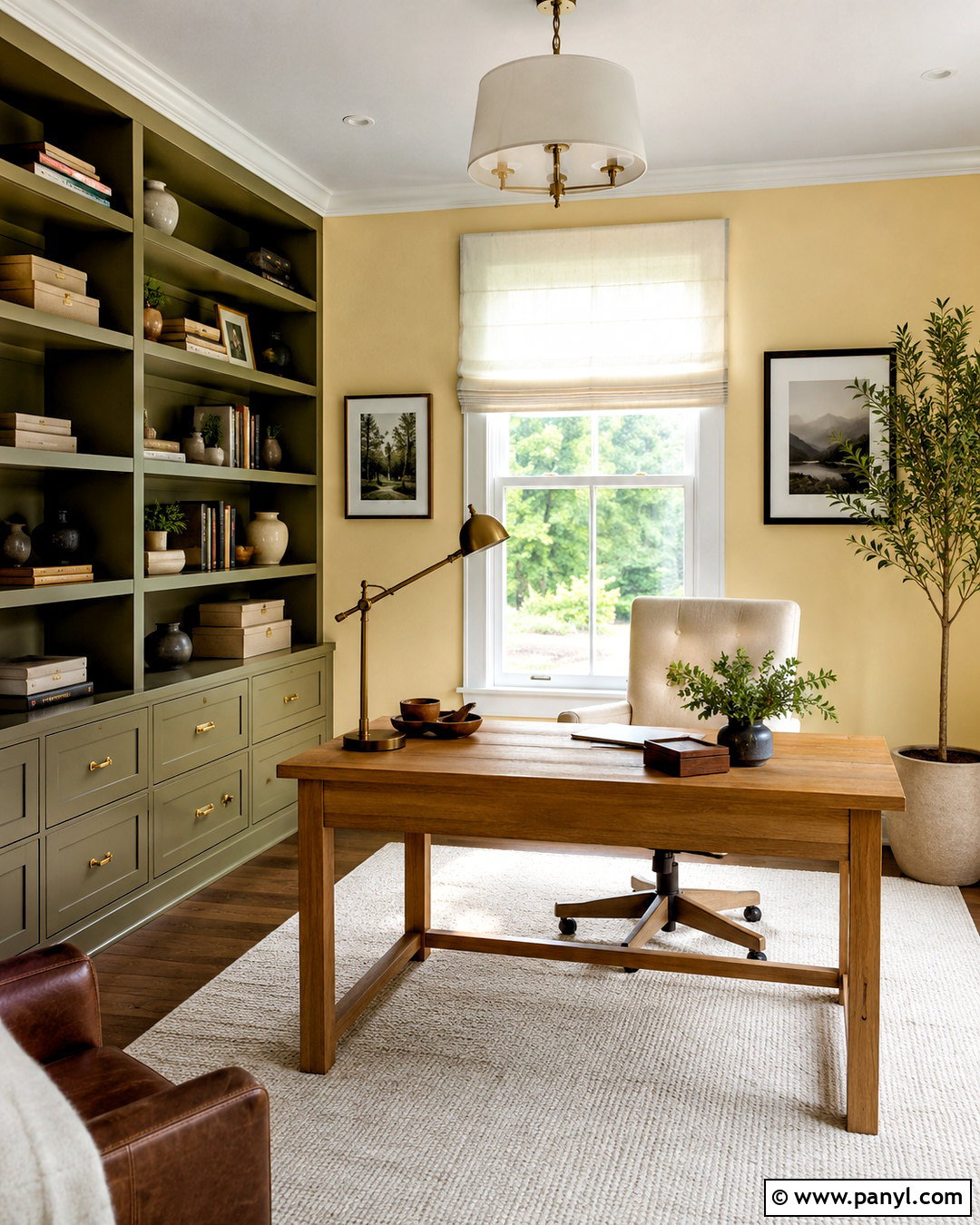 Butter Yellow Home Office Walls With Green Shelves - 40 butter yellow walls