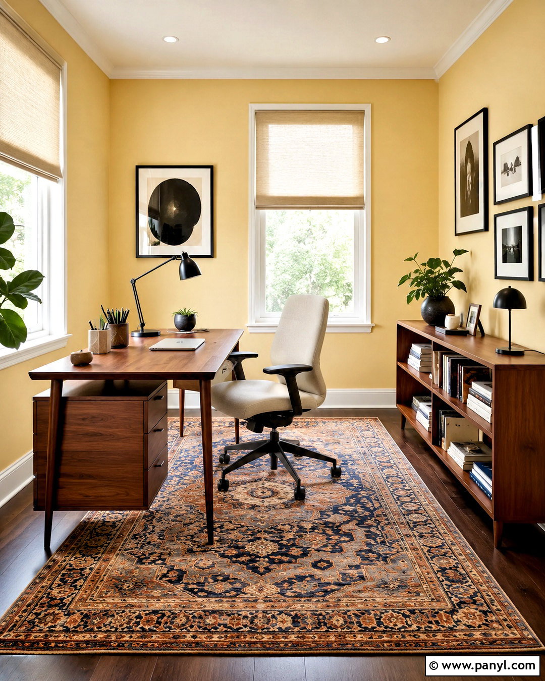 Butter Yellow Home Office Walls With Walnut Furniture - 40 butter yellow walls