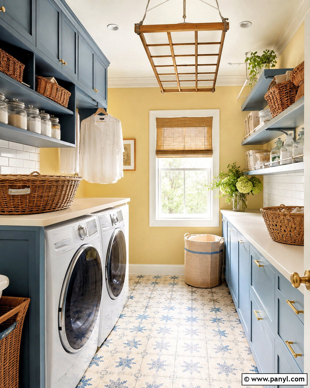 Butter Yellow Laundry Room Walls With Blue Cabinets - 40 butter yellow walls