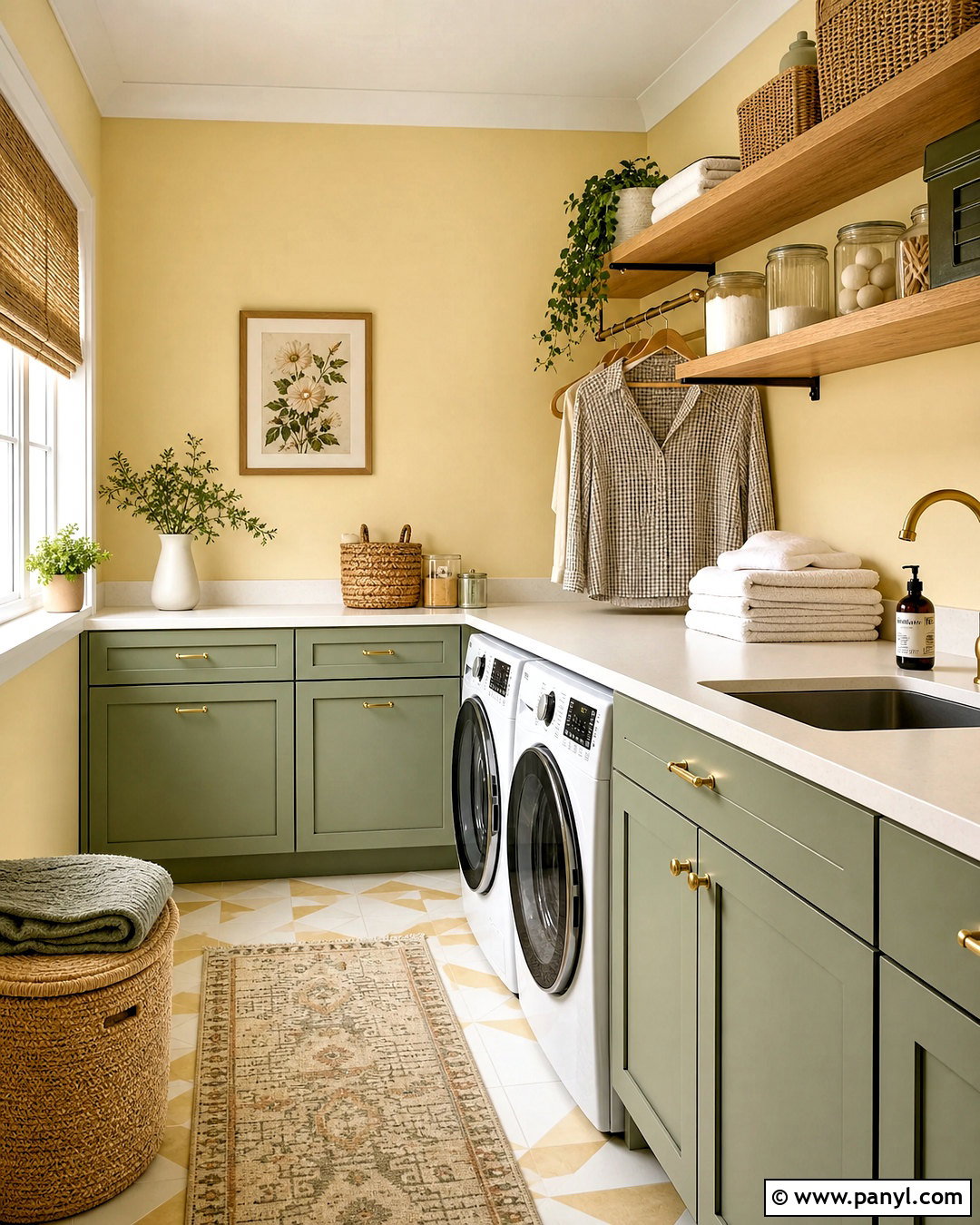 Butter Yellow Laundry Room With Green Cabinets - 20 butter yellow interior ideas