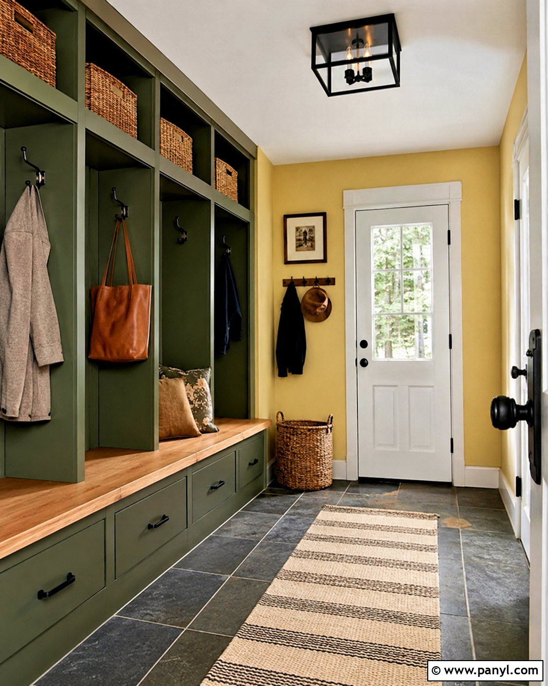 Butter Yellow Mudroom Walls With Green Storage - 40 butter yellow walls