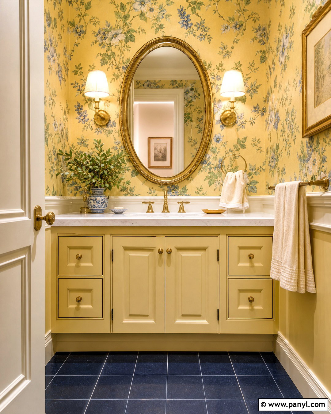 Butter Yellow Powder Room With Floral Wallpaper - 20 butter yellow interior ideas