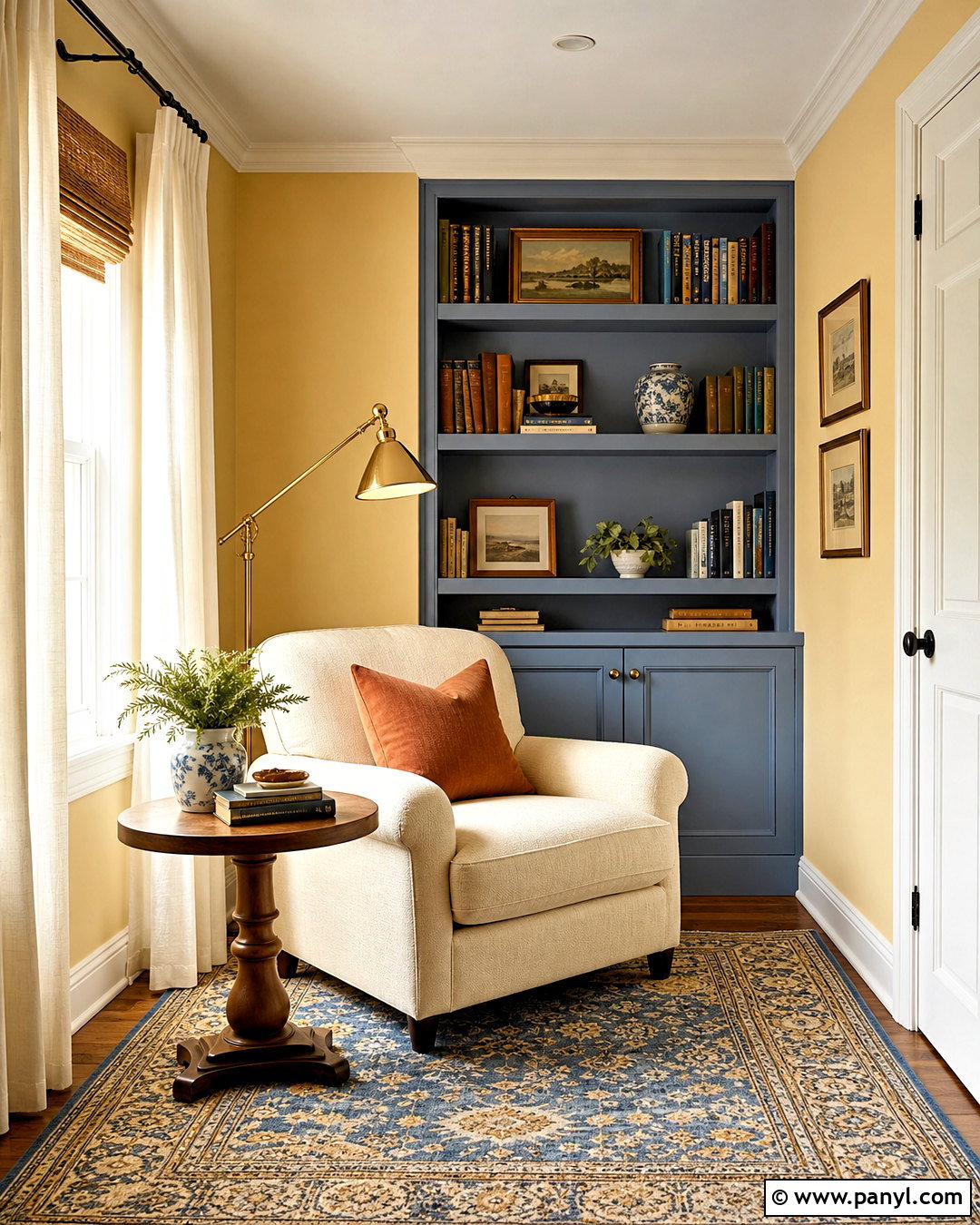 Butter Yellow Reading Nook With Blue Shelves - 20 butter yellow interior ideas