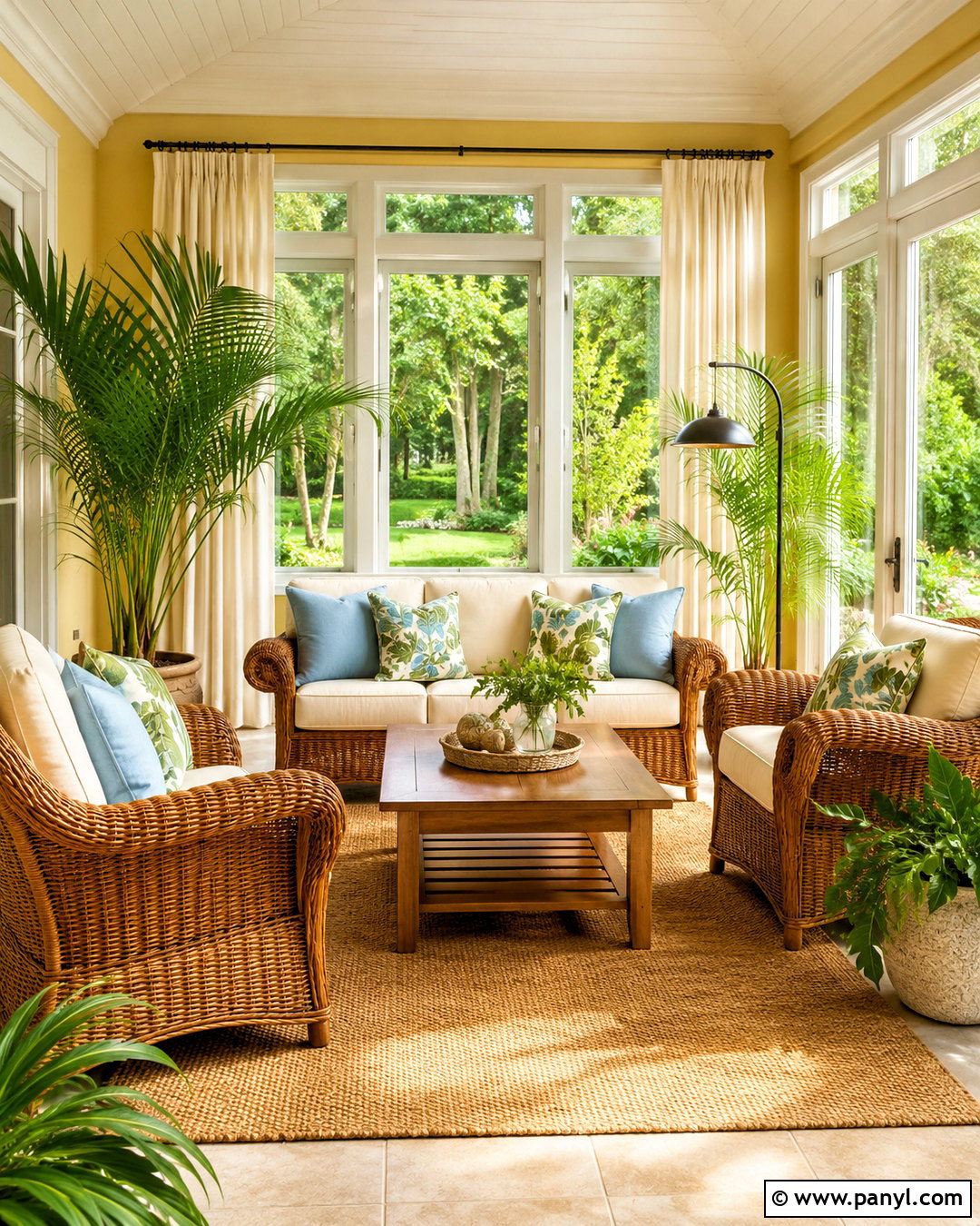 Butter Yellow Sunroom Walls With Wicker Furniture - 40 butter yellow walls