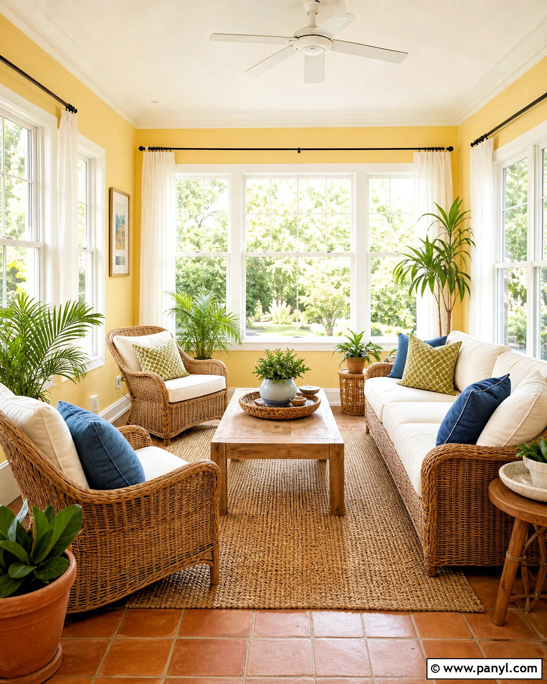 Butter Yellow Sunroom With Rattan Furniture - 20 butter yellow interior ideas
