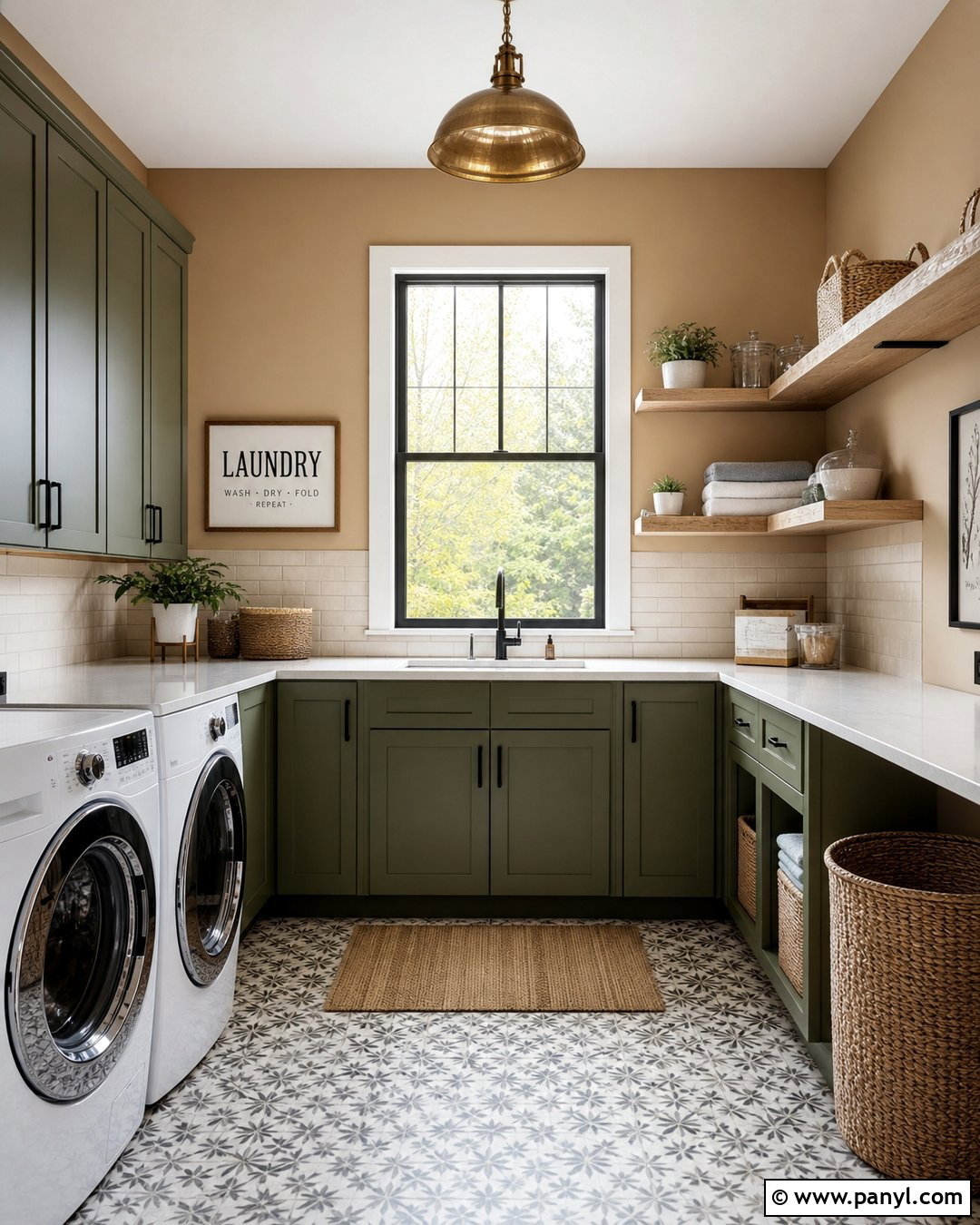 Camel Laundry Room With Green Cabinets - 25 Camel Wall Color Ideas