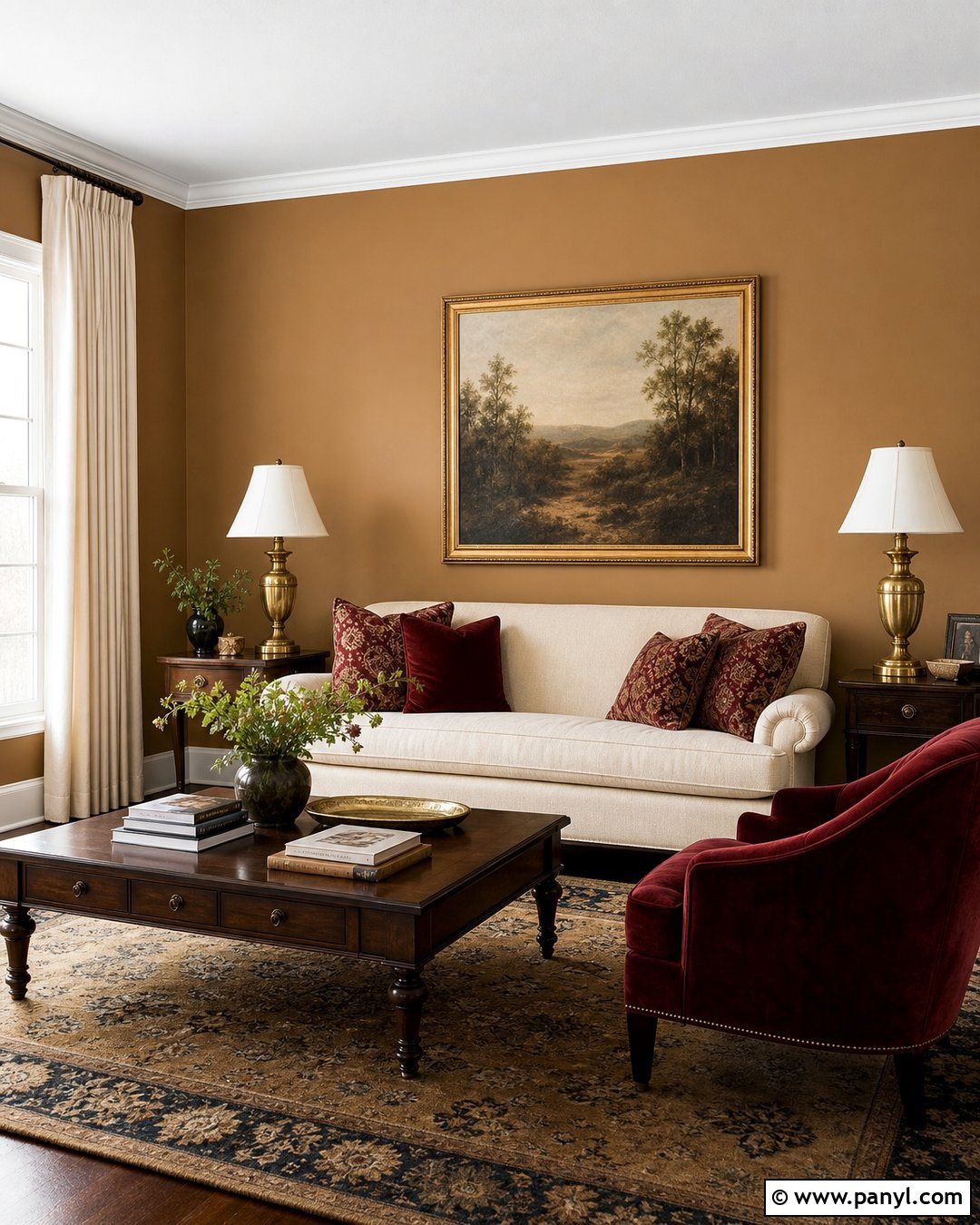 Camel Living Room With Burgundy Accents - 25 Camel Wall Color Ideas