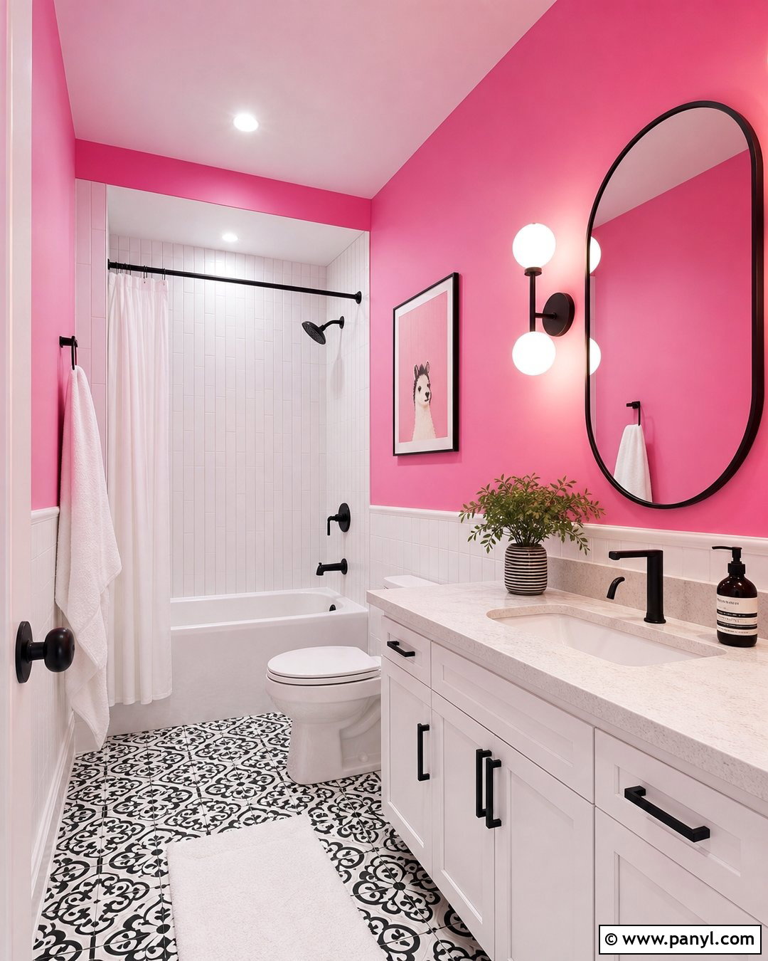 Candy Pink Bathroom With Black Accents - 20 Candy Pink Wall Paint Ideas