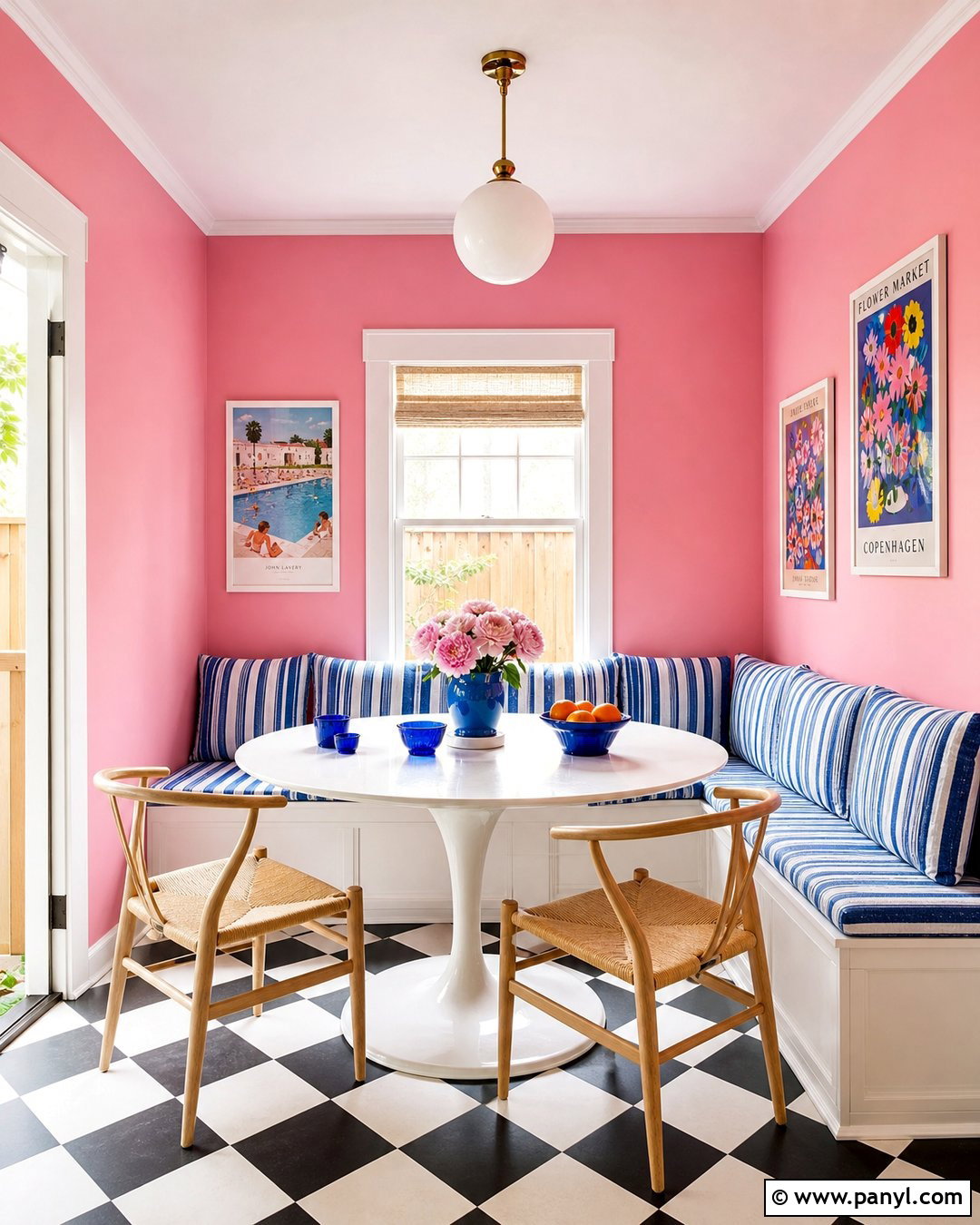 Candy Pink Breakfast Nook With Checkered Floor - 20 Candy Pink Wall Paint Ideas