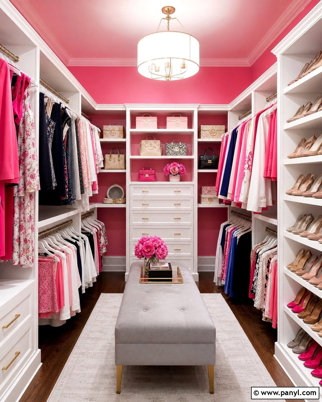 Candy Pink Closet With White Shelving - 20 Candy Pink Wall Paint Ideas