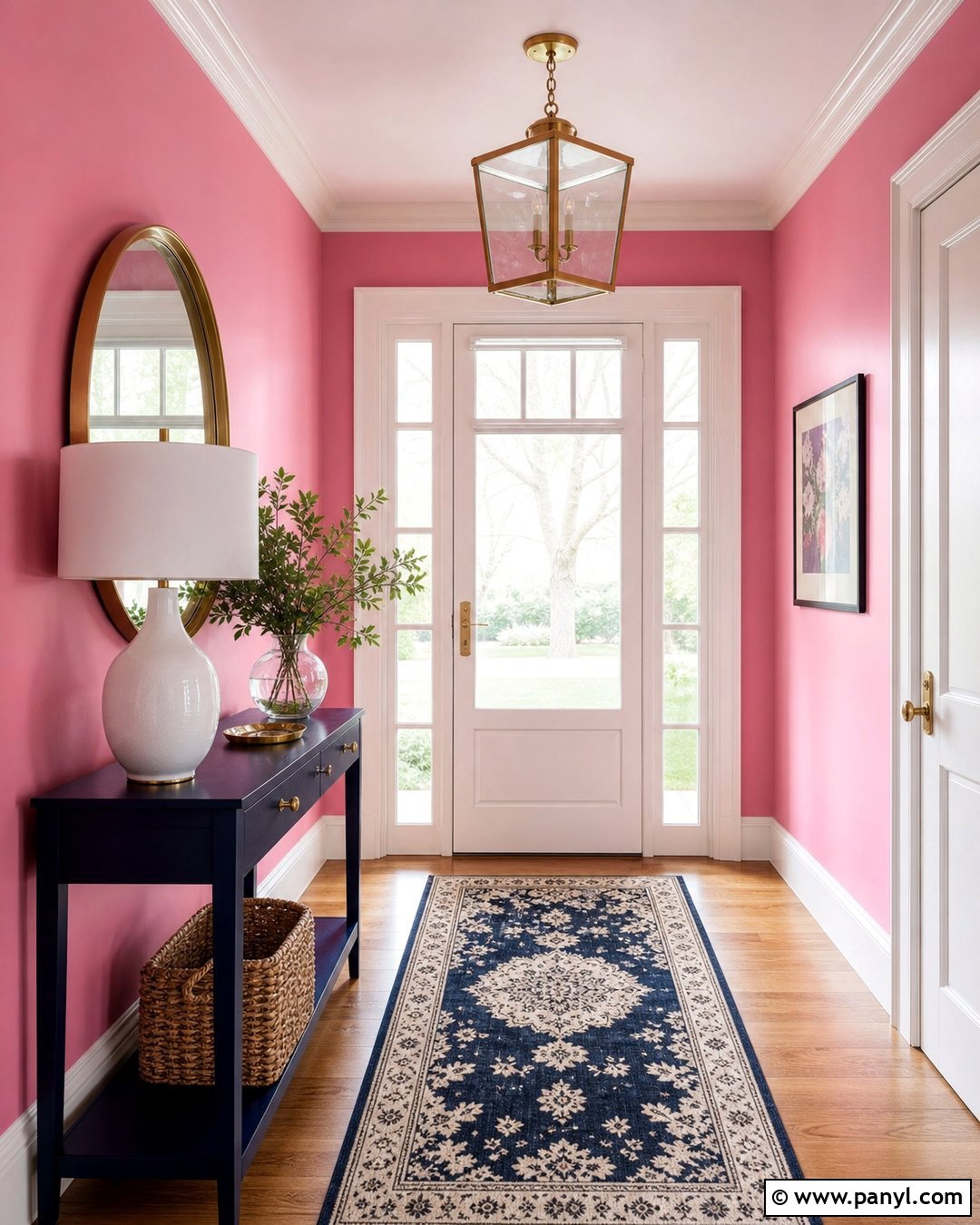 Candy Pink Entryway With Navy Console - 20 Candy Pink Wall Paint Ideas