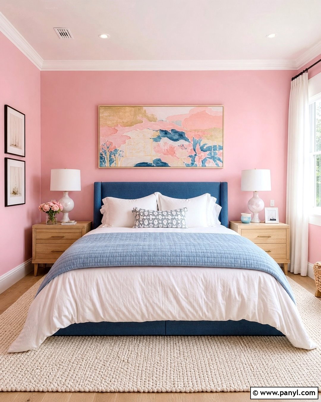 Candy Pink Guest Room With Blue Bedding - 20 Candy Pink Wall Paint Ideas